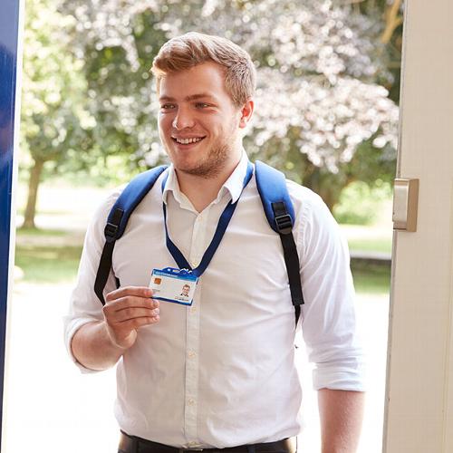 man showing ID at front door